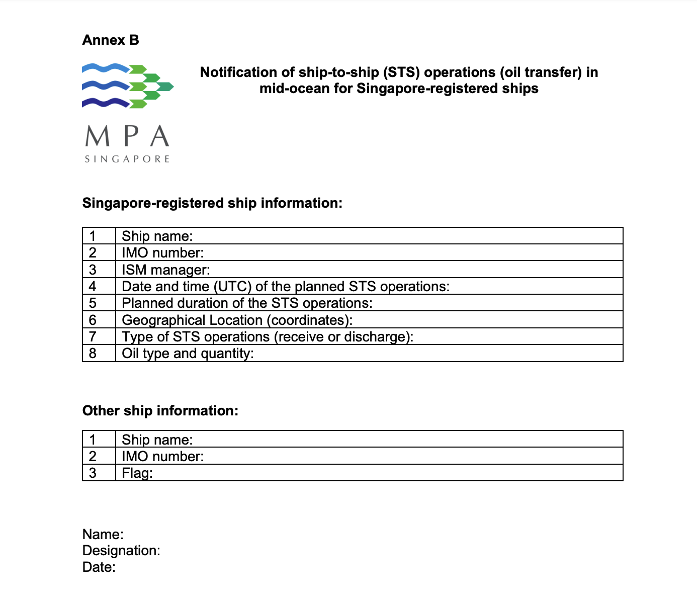 Annex B Singapore-registered oil tankers requested to notify MPA on mid-ocean STS operations 